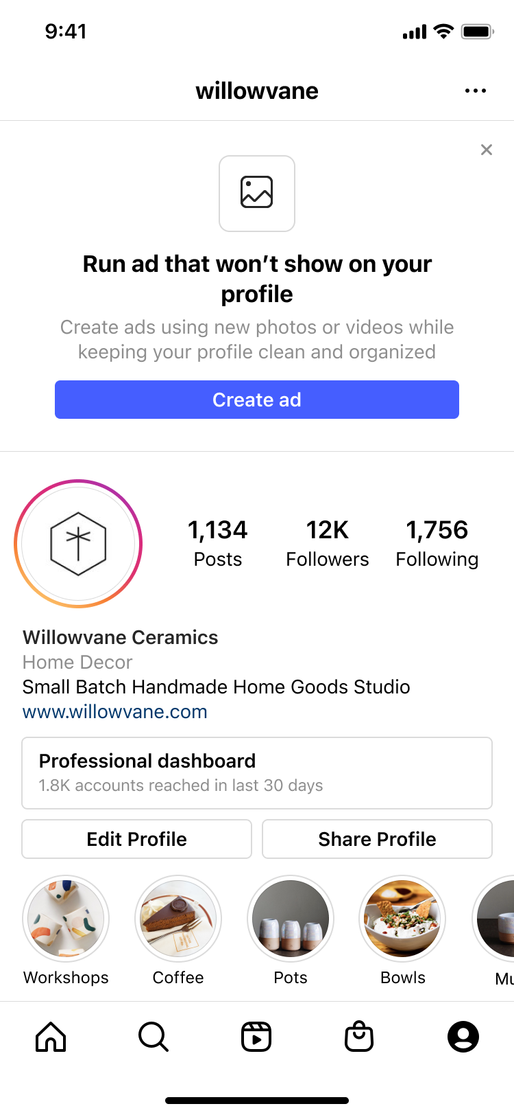 Instagram profile of Willowvane Ceramics showcasing 1,134 posts, 12K followers, and 1,756 following, featuring small batch handmade home goods and a link to their website.