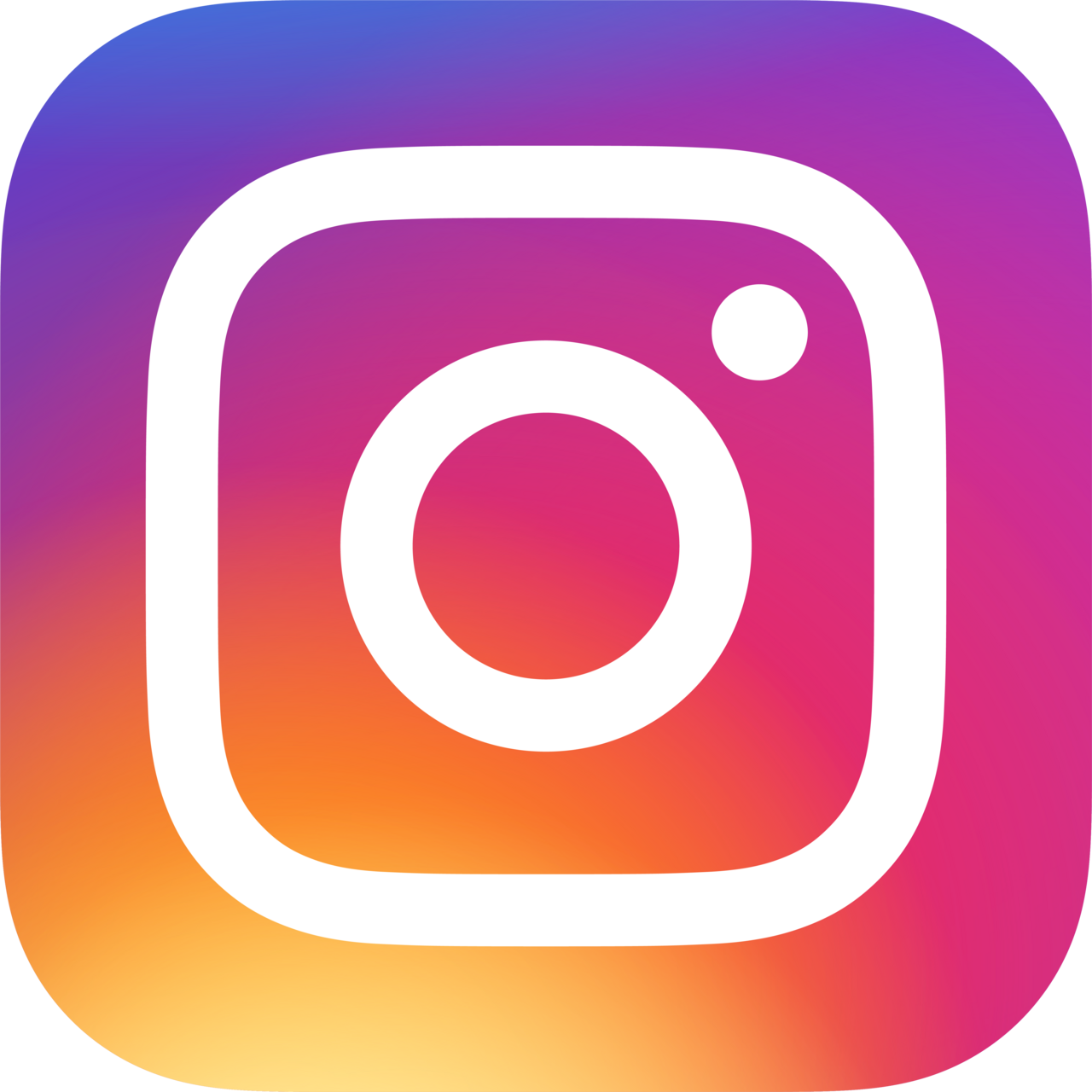 Instagram app icon with white camera shape on purple, pink, and orange gradient background.