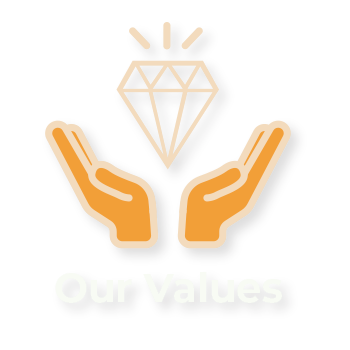 Two orange hands holding a large diamond above with text 'Our Values' below.