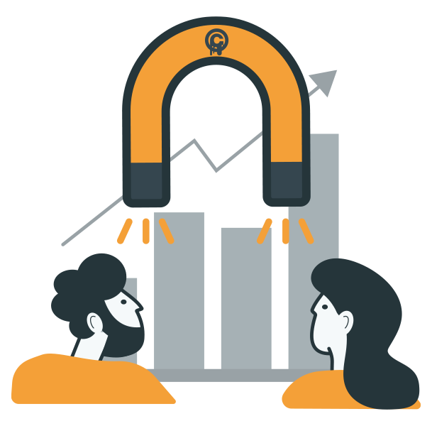 Illustration of a man and woman looking at a large horseshoe magnet attracting upward-trending bar charts with an arrow.