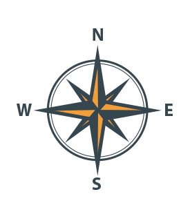 Compass rose pointing north, east, south, and west with orange and dark gray design.