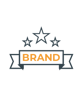 Graphic of three stars above a banner with the word BRAND in orange capital letters.