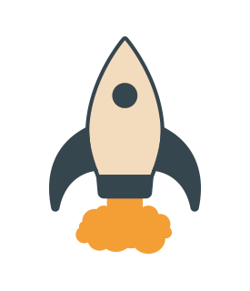Cartoon rocket ship launching with orange flames and smoke underneath.