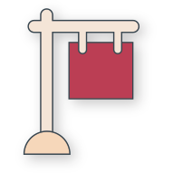 Red hanging sign attached to a beige post with two brackets and a base.