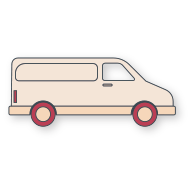 Side view illustration of a beige delivery van with red wheels.