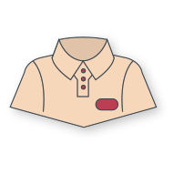 Icon of a beige collared polo shirt with three red buttons and a red rectangular patch on the chest.