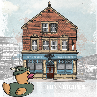Illustration of a brick pub named Fox & Grapes with a cartoon duck wearing a green hat in the foreground.
