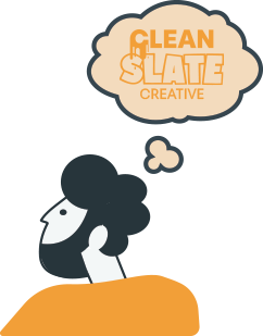 Illustration of a man with a beard and afro thinking of a Clean Slate Creative logo in a thought bubble.