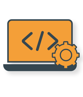 Laptop screen showing code brackets with a gear symbol representing software development or coding settings.