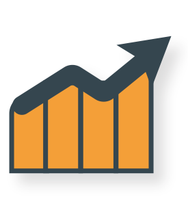 Orange bar chart with four bars and an arrow showing upward growth.