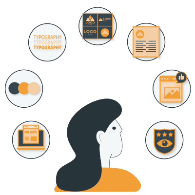 Woman with long hair facing logo, typography, document, color palette, website, badge, and analytics icons in circles.