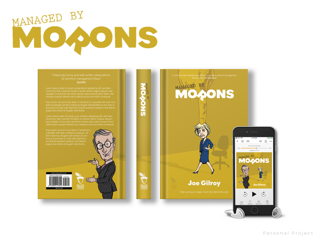 Book cover and audiobook of Managed by Morons by Joe Gilroy with cartoon office characters on gold background.