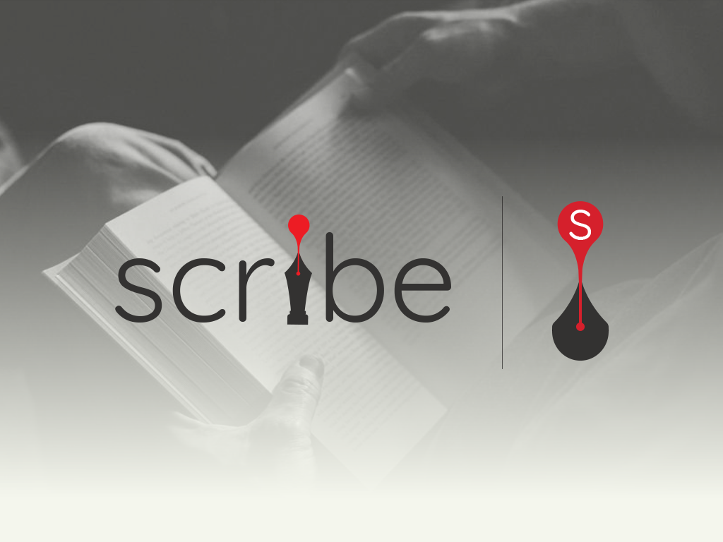 Word 'scribe' with a black pen nib replacing the 'i' and red ink drop on top, over a person reading a book.