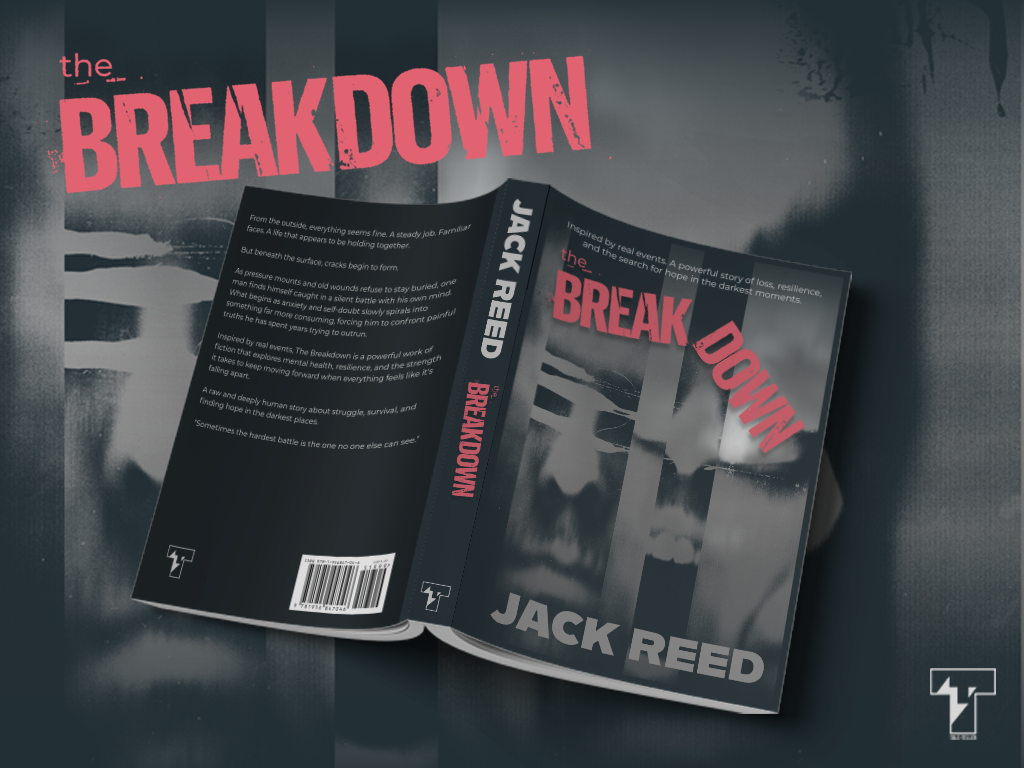 Cover of novel The Breakdown by Jack Reed with shadowy face background and red bold title text.