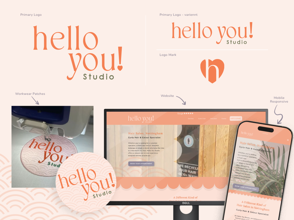Logos, workwear patch, and responsive website mockups for hello you! studio hair salon branding.