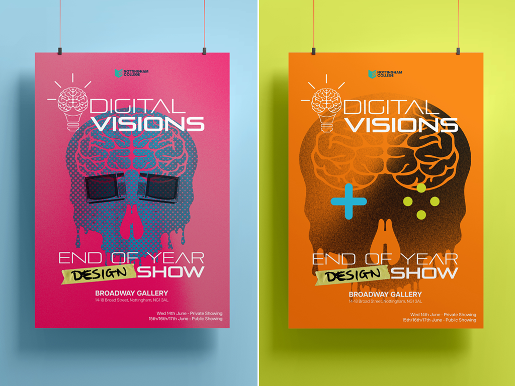 Two posters side by side for Nottingham College Digital Visions end-of-year design show at Broadway Gallery.
