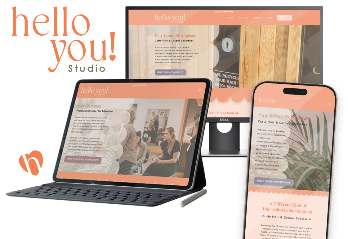 Hello You! Studio logo with website shown on a desktop monitor, tablet with keyboard, and smartphone.