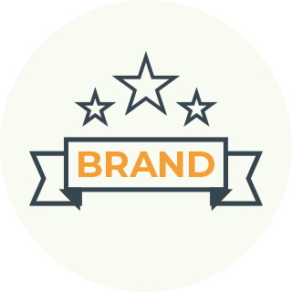 Ribbon banner with the word BRAND in orange and three stars above it.