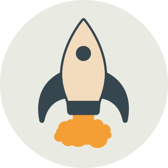 Simple rocket icon with orange flame exhaust on a pale background.