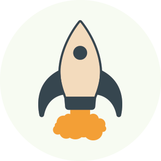 Simple rocket icon with orange flame exhaust on a pale background.