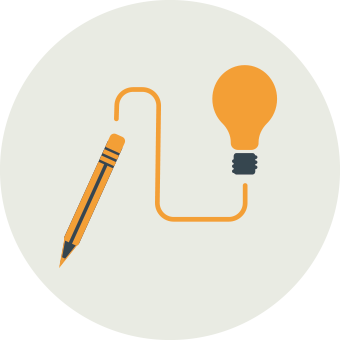 Orange pencil connected by a curved line to a glowing light bulb on a gray circular background.