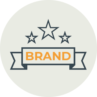Ribbon banner with the word BRAND in orange and three stars above it.