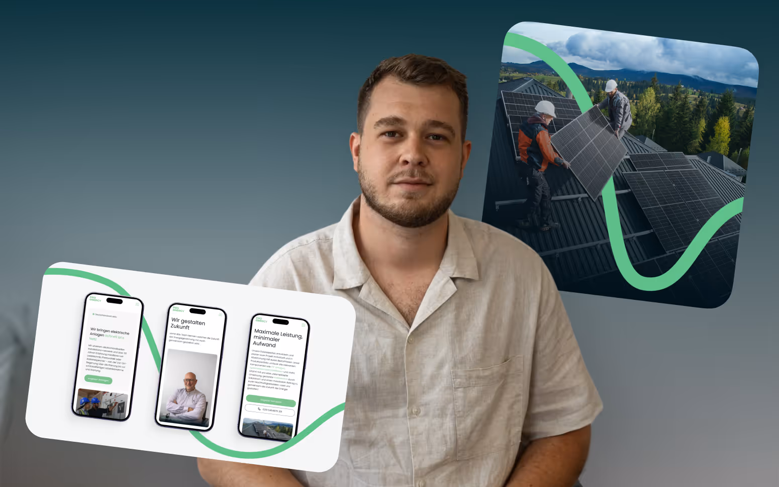 Ein Mann in einem hellbeigen Hemd sitzt vor einem Hintergrund mit Farbverlauf, auf dem Bilder von Arbeitern zu sehen sind, die Solarmodule installieren, sowie die Benutzeroberfläche einer mobilen App auf Deutsch.