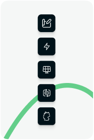 Vertikale Reihe von fünf schwarzen Symbolen auf weißem Hintergrund, darunter ein Stift, ein Blitz, ein Solarpanel, ein Bildschirm und ein Zahnrad, mit einem grünen Bogen im Hintergrund.