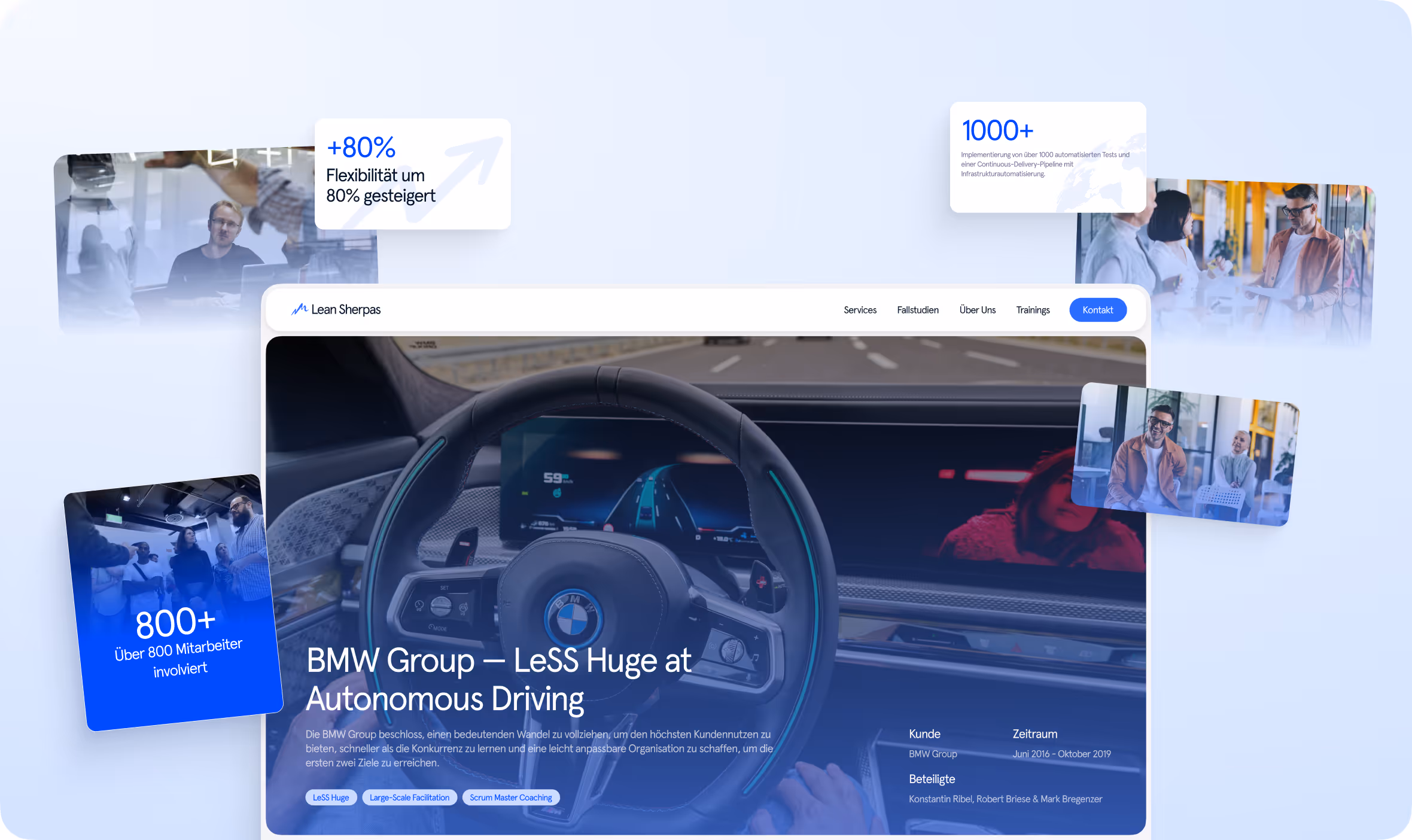 BMW-Fahrzeug-Innenraum mit Lenkrad und digitalem Armaturenbrett, umgeben von Informationstexten über BMW Group und Lean Sherpas Projekte.