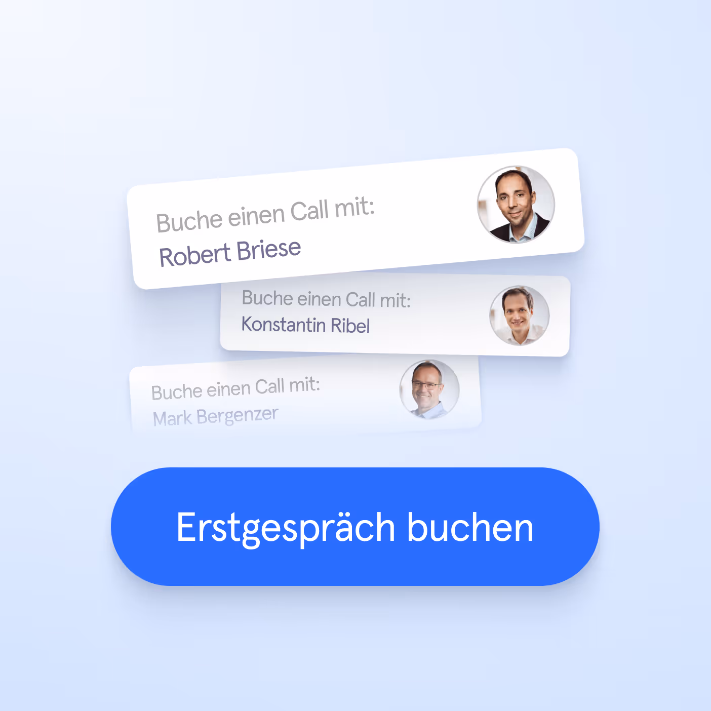 Auswahl von Buttons zum Buchen eines Calls mit Robert Briese, Konstantin Ribel oder Mark Bergenzer und darunter ein blauer Button mit Schrift Erstgespräch buchen.