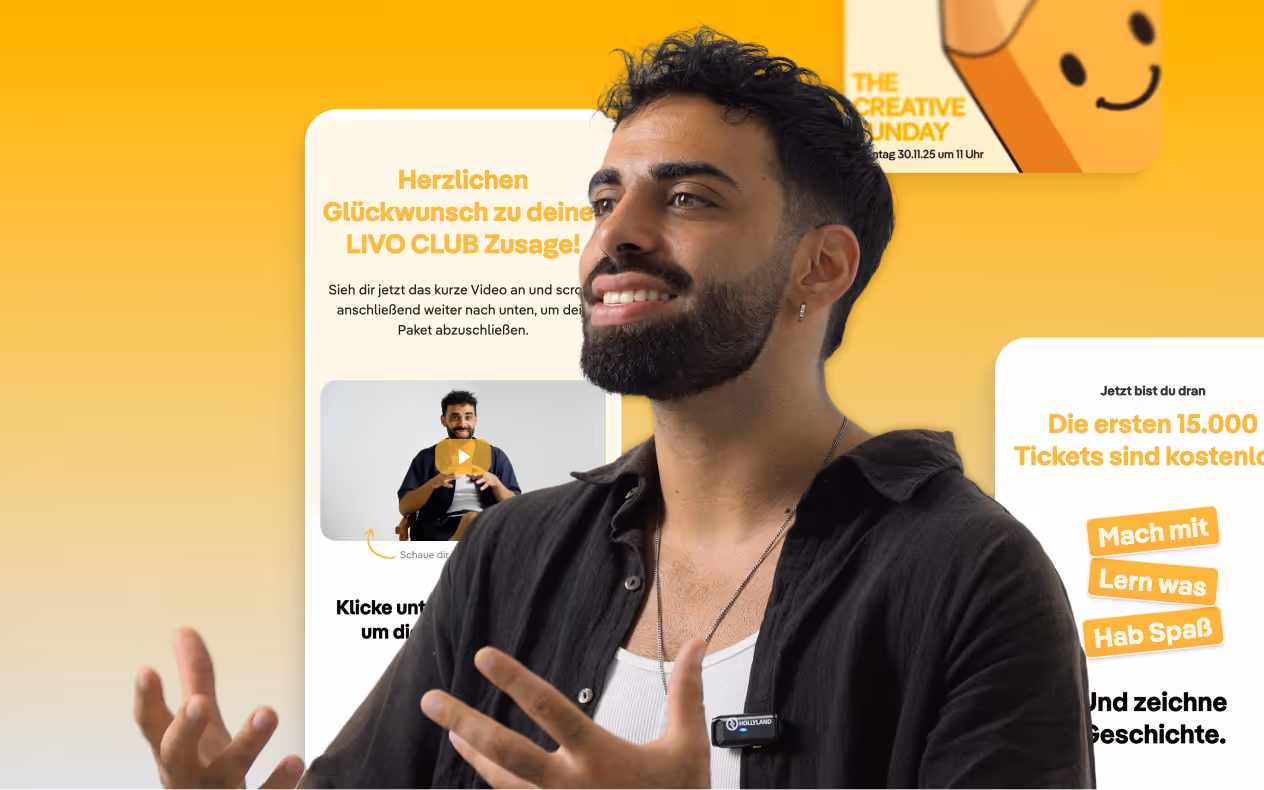 Cepand Yegani, Gründer der online Zeichenakademie Livarto, mit schwarzem Hemd und weißem T-Shirt spricht vor gelbem Hintergrund mit Texten zur LIV0 CLUB Zusage und kostenlosen Tickets.