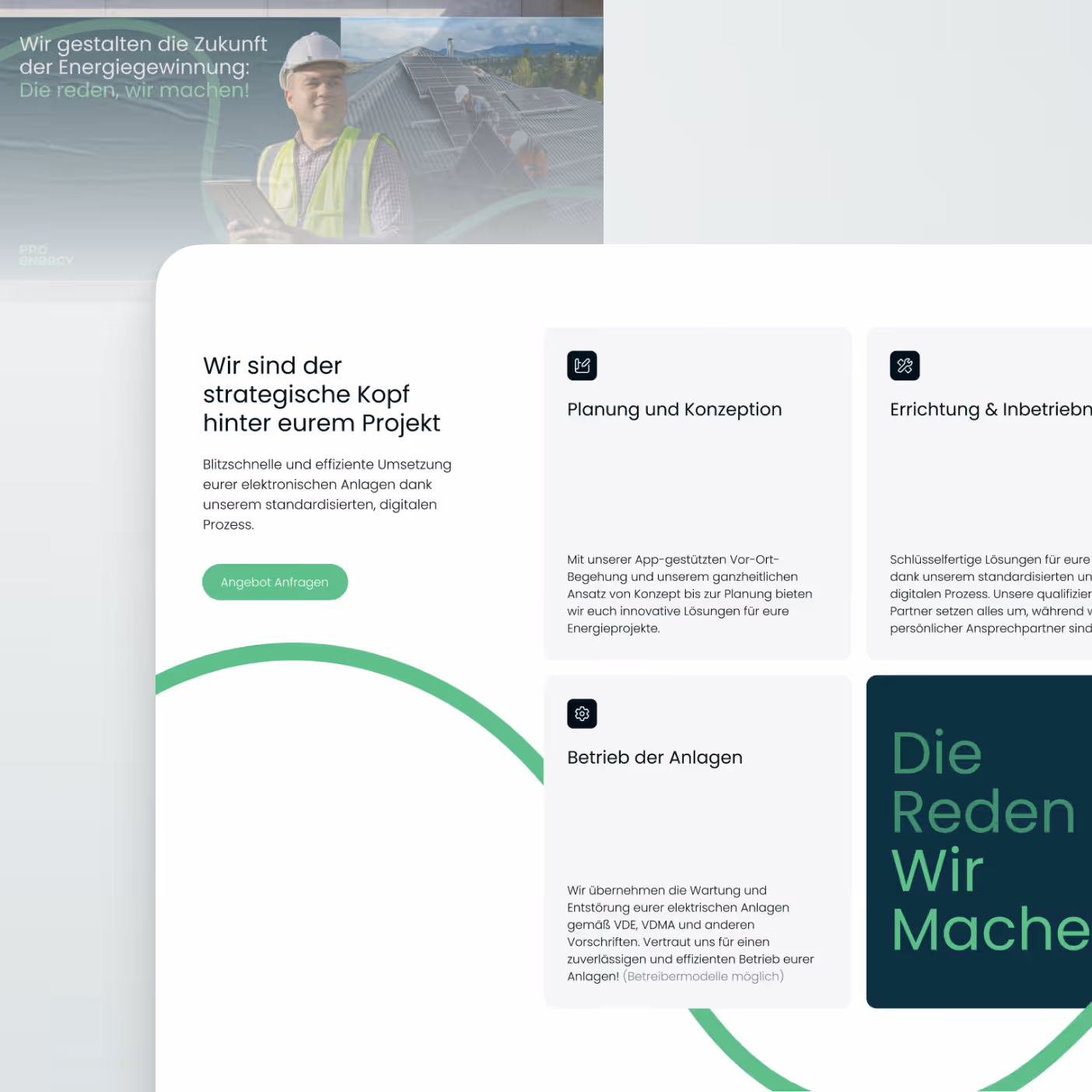 Webseite von Pro Energy mit Beschreibung der strategischen Planung, Errichtung und Betrieb elektrischer Anlagen, dazu Slogan ‚Die Reden Wir Machen‘ und Bild von arbeitendem Handwerker auf Solaranlage.