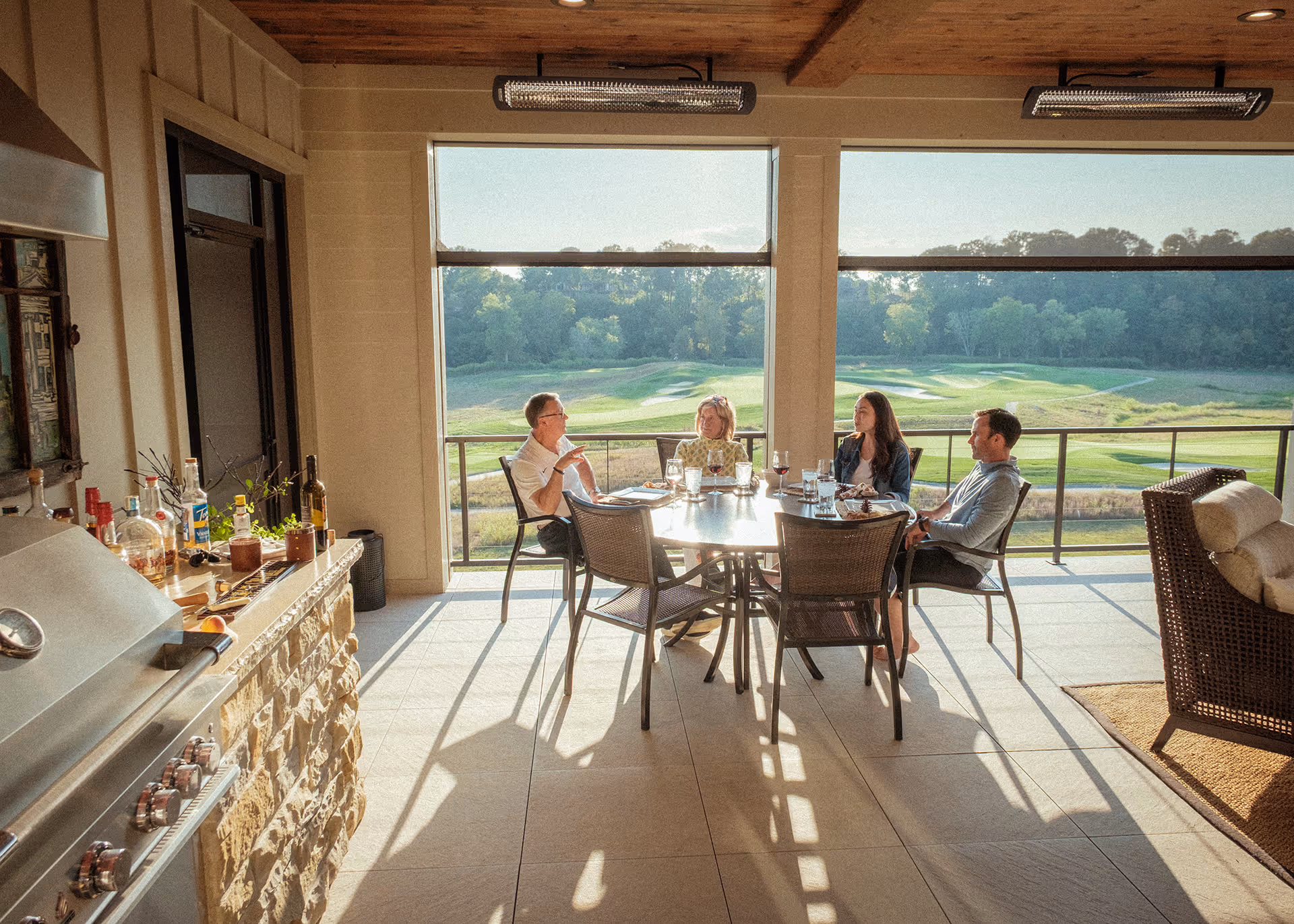 Screened porch overlooking a golf course