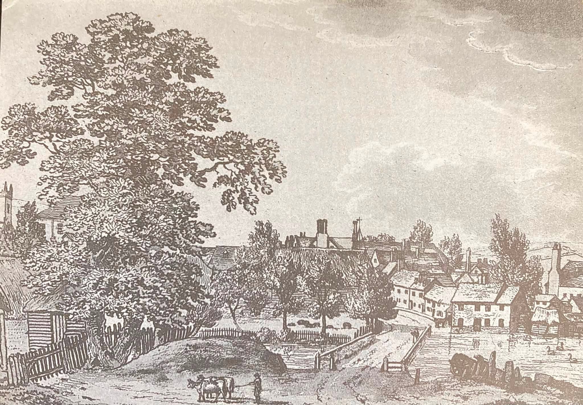 A photograph of an old print taken in 1907 showing the approach to Newport & Town Gate from Hunnyhill.