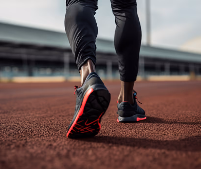 Close-up low-angle view of a runner's legs and black athletic shoes on a red running track.