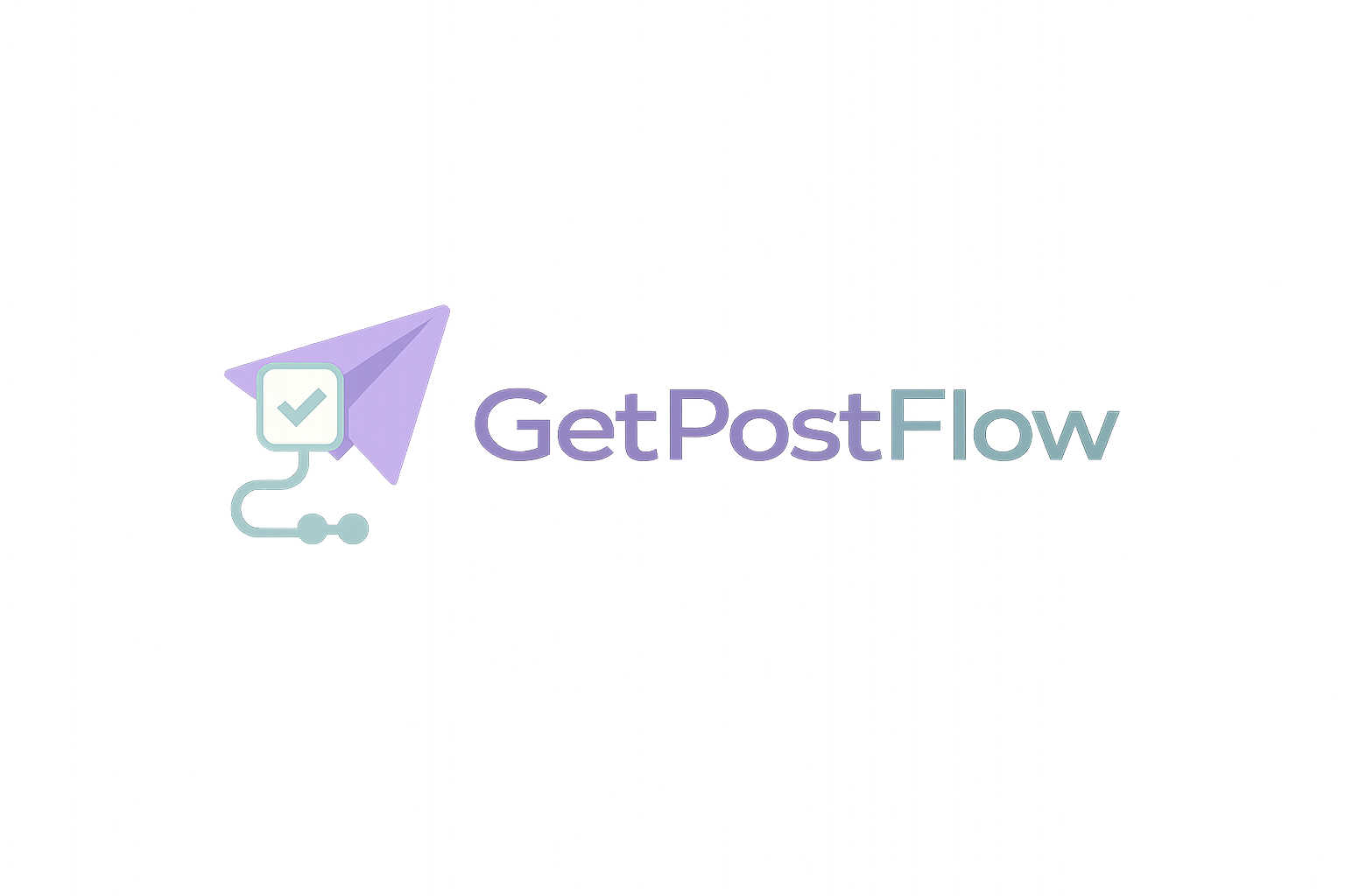 GetPostFlow logo with a purple paper plane and checkmark icon connected to a flow diagram.