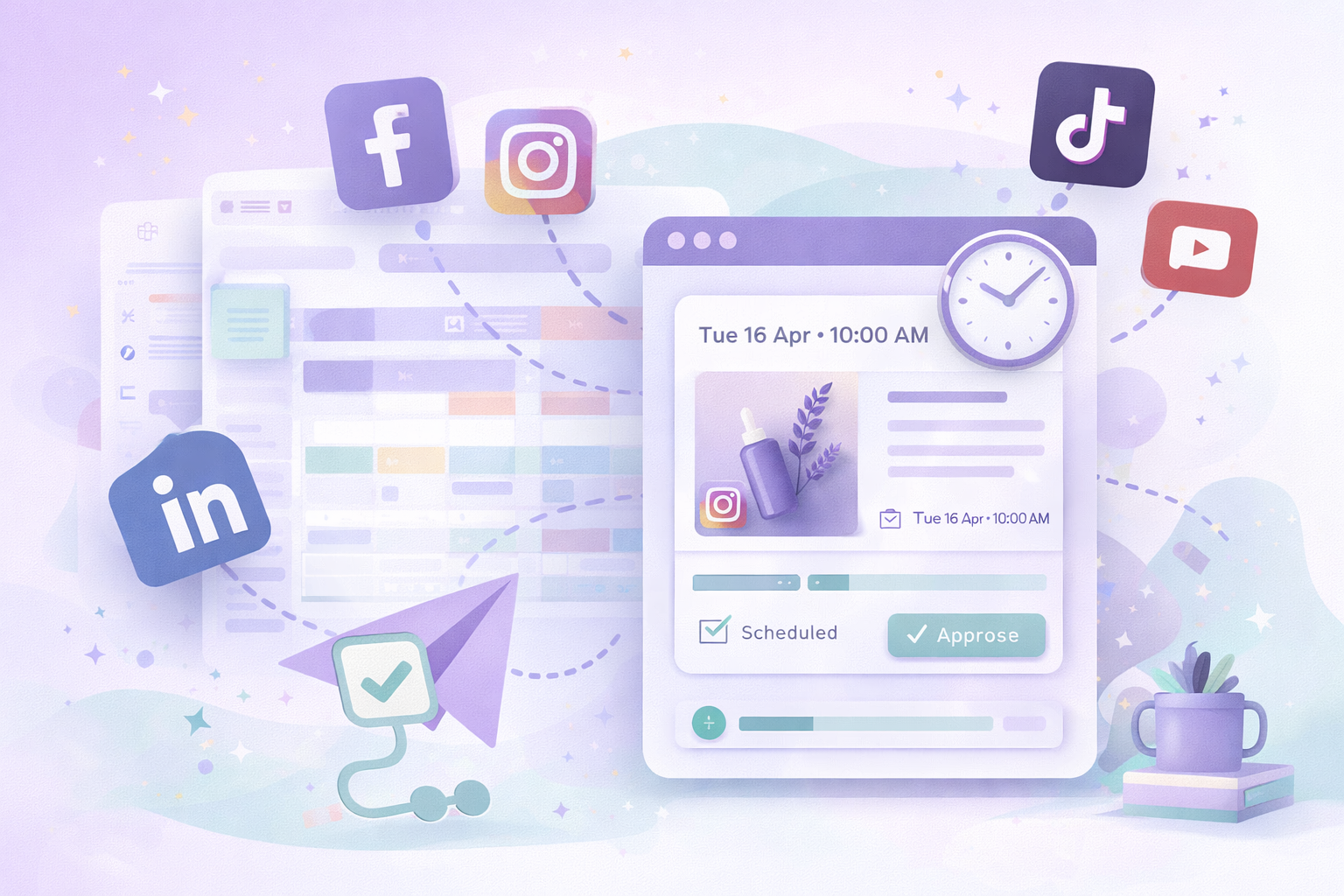 Digital illustration of a content calendar interface with scheduled social media posts linked to platforms including Facebook, Instagram, LinkedIn, TikTok, and YouTube.