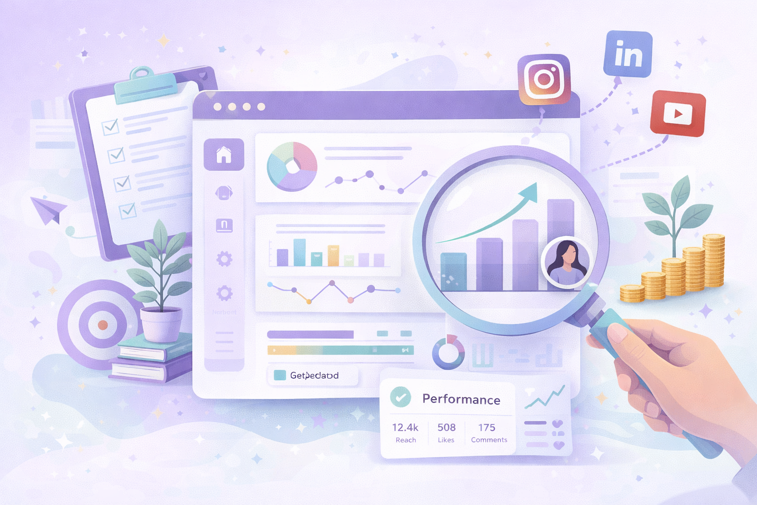 Illustration of a social media performance dashboard with charts, graphs, and metrics, including a magnifying glass highlighting a rising bar graph and icons for Instagram, LinkedIn, and YouTube.