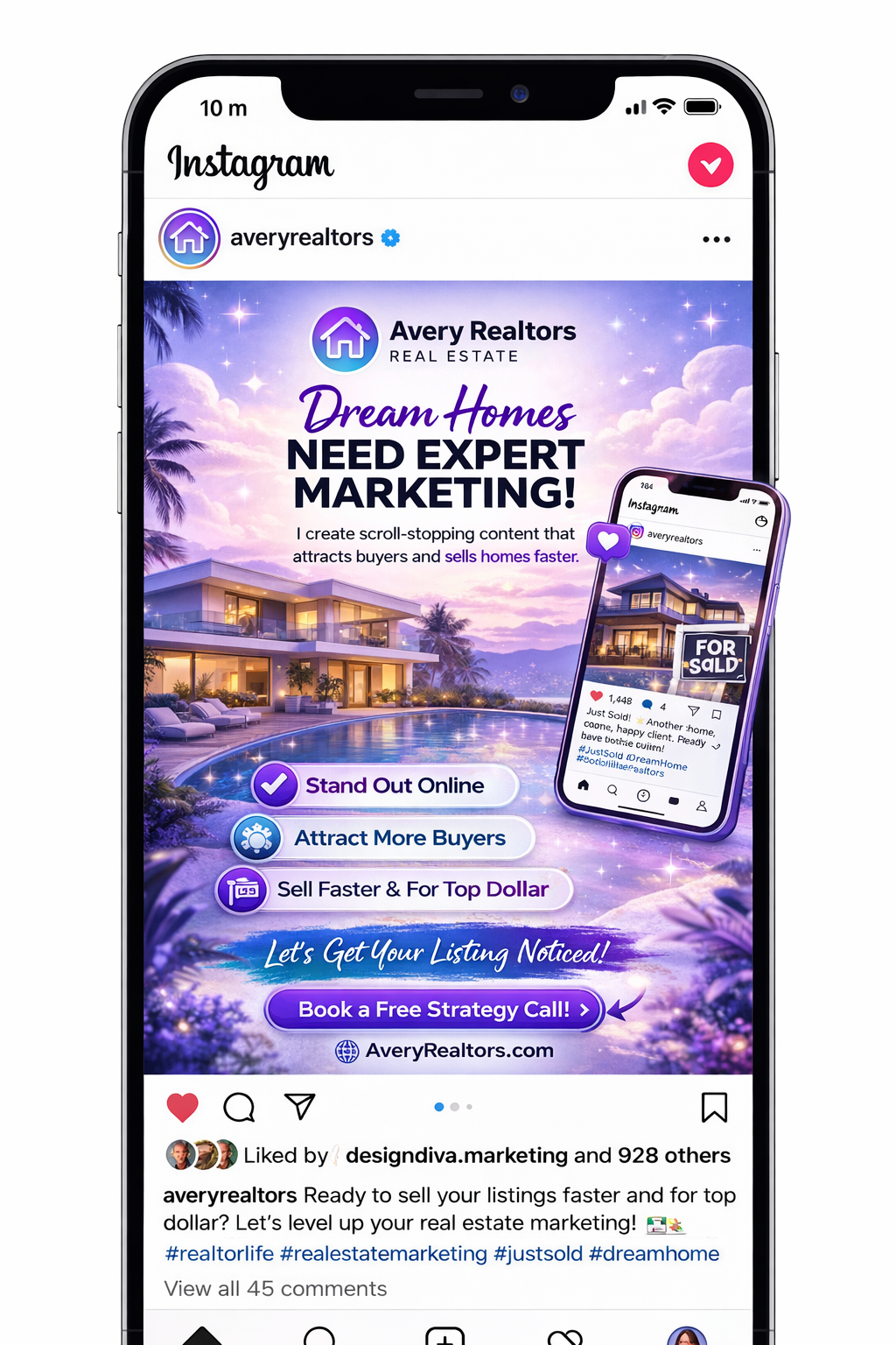 Instagram post by Avery Realtors promoting expert real estate marketing to sell homes faster, featuring a luxury house and a call to book a free strategy call.