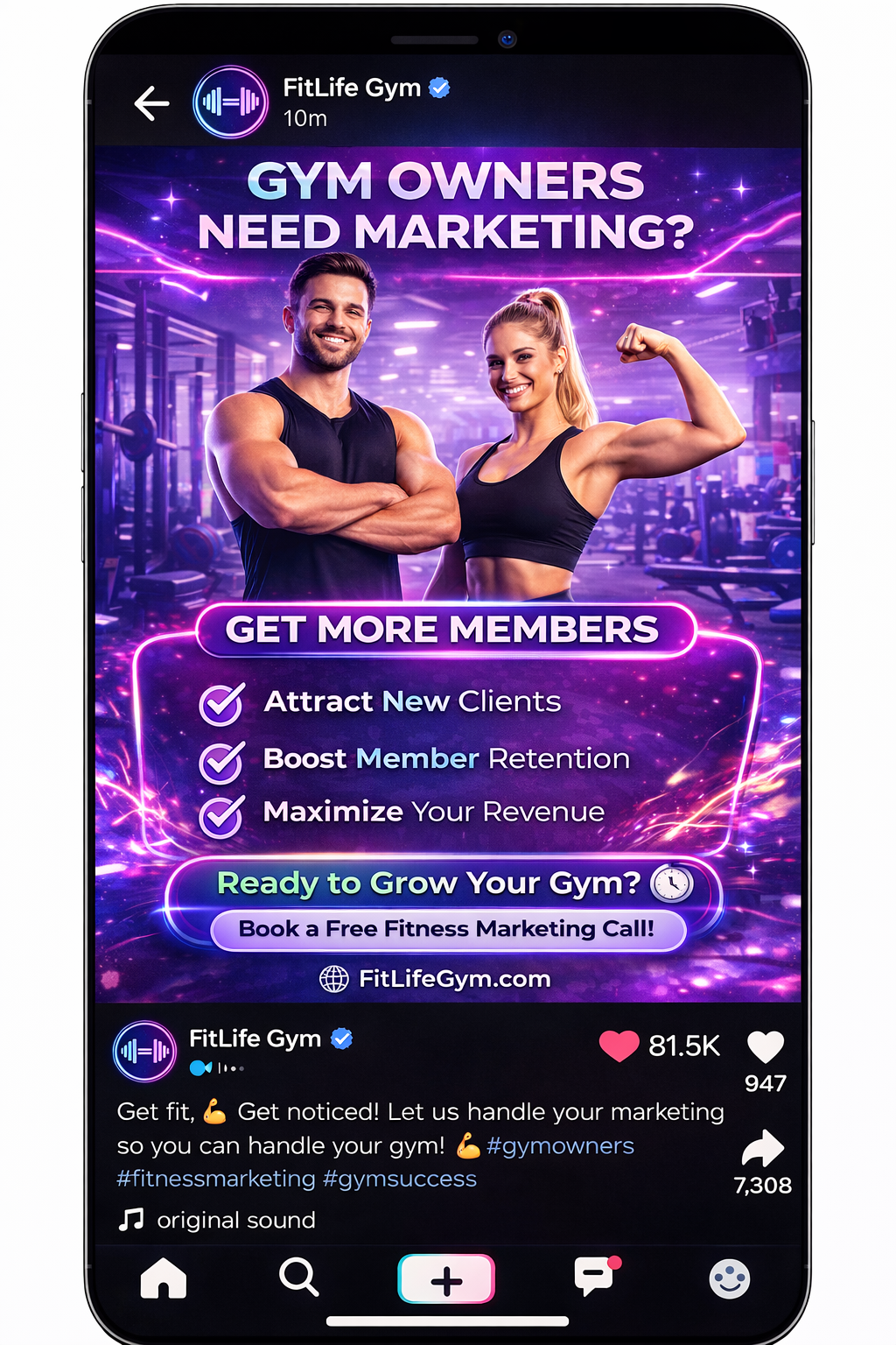 Screenshot of FitLife Gym social media post showing a muscular man and woman in gym attire with text about gym marketing and getting more members.