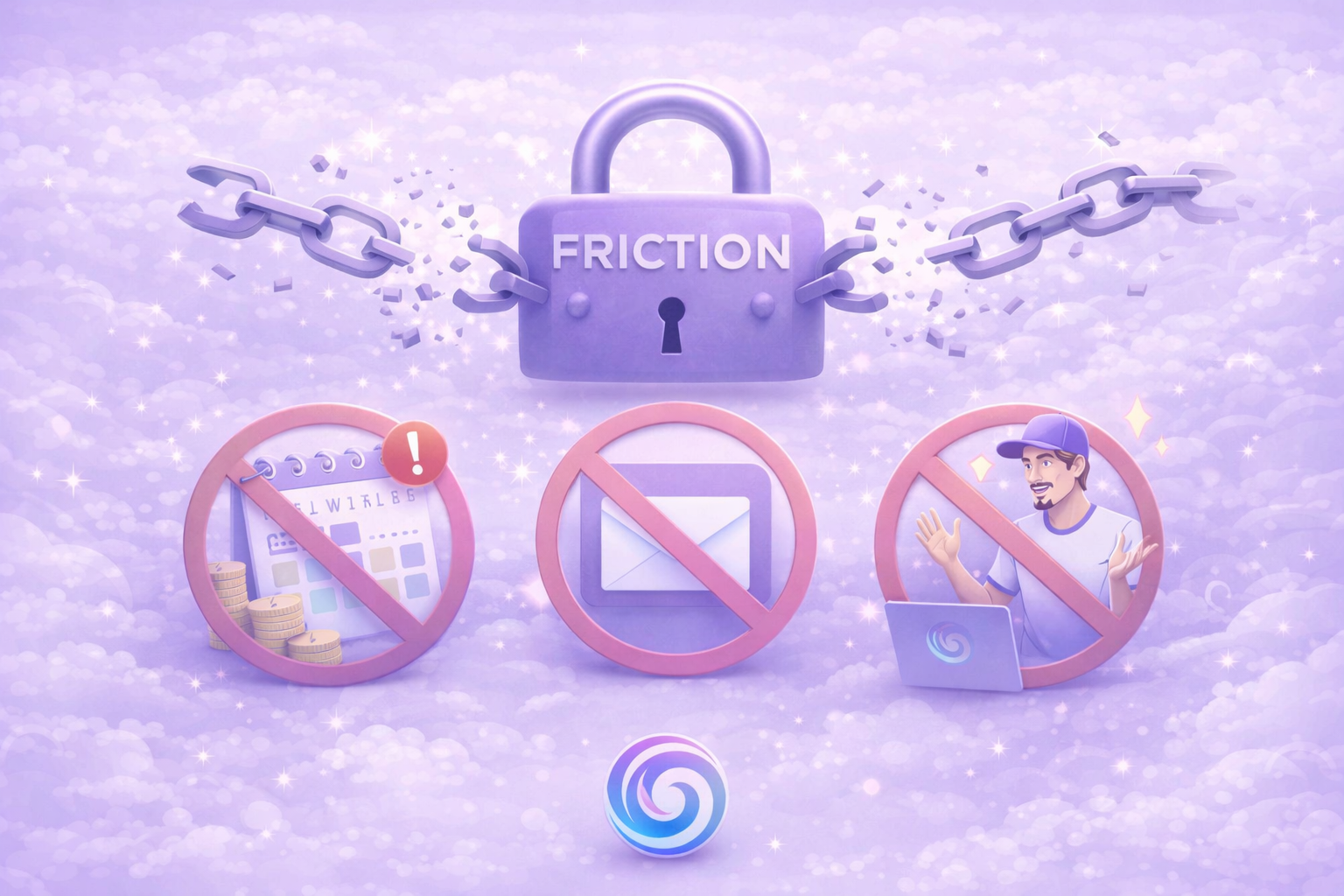 Purple padlock labeled 'FRICTION' breaking a chain, with three red prohibition signs below showing no calendar with coins, no email envelope, and no man with laptop.