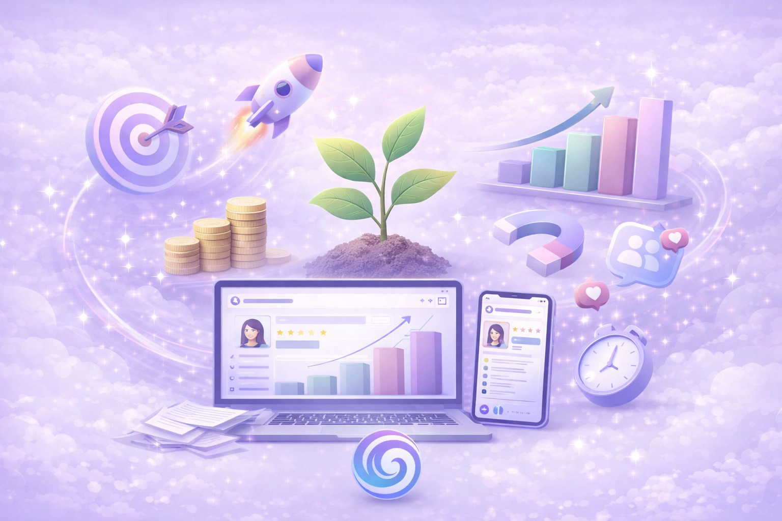Illustration of business growth concepts including target with dart, rocket launching, stack of coins, growing plant, bar charts on laptop and phone screens, social media icons, magnet attracting people, and a clock.