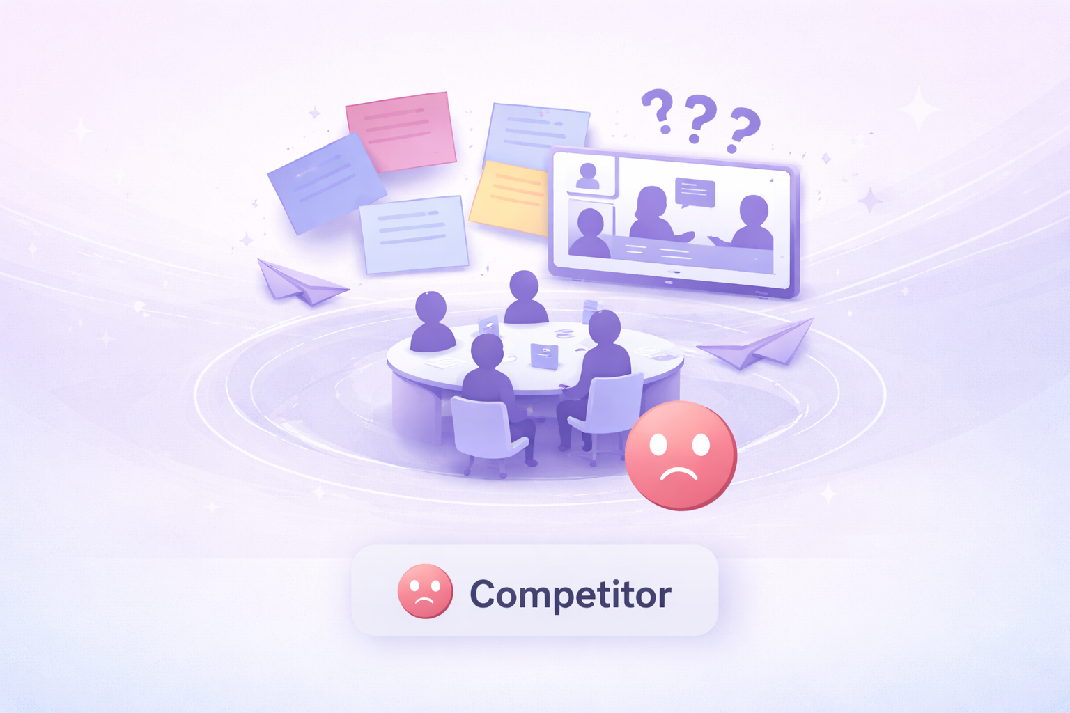 Illustration of five people sitting around a round table with papers and laptops, a screen showing a virtual meeting with question marks above it, sticky notes, paper airplanes, and a sad face emoji labeled 'Competitor'.