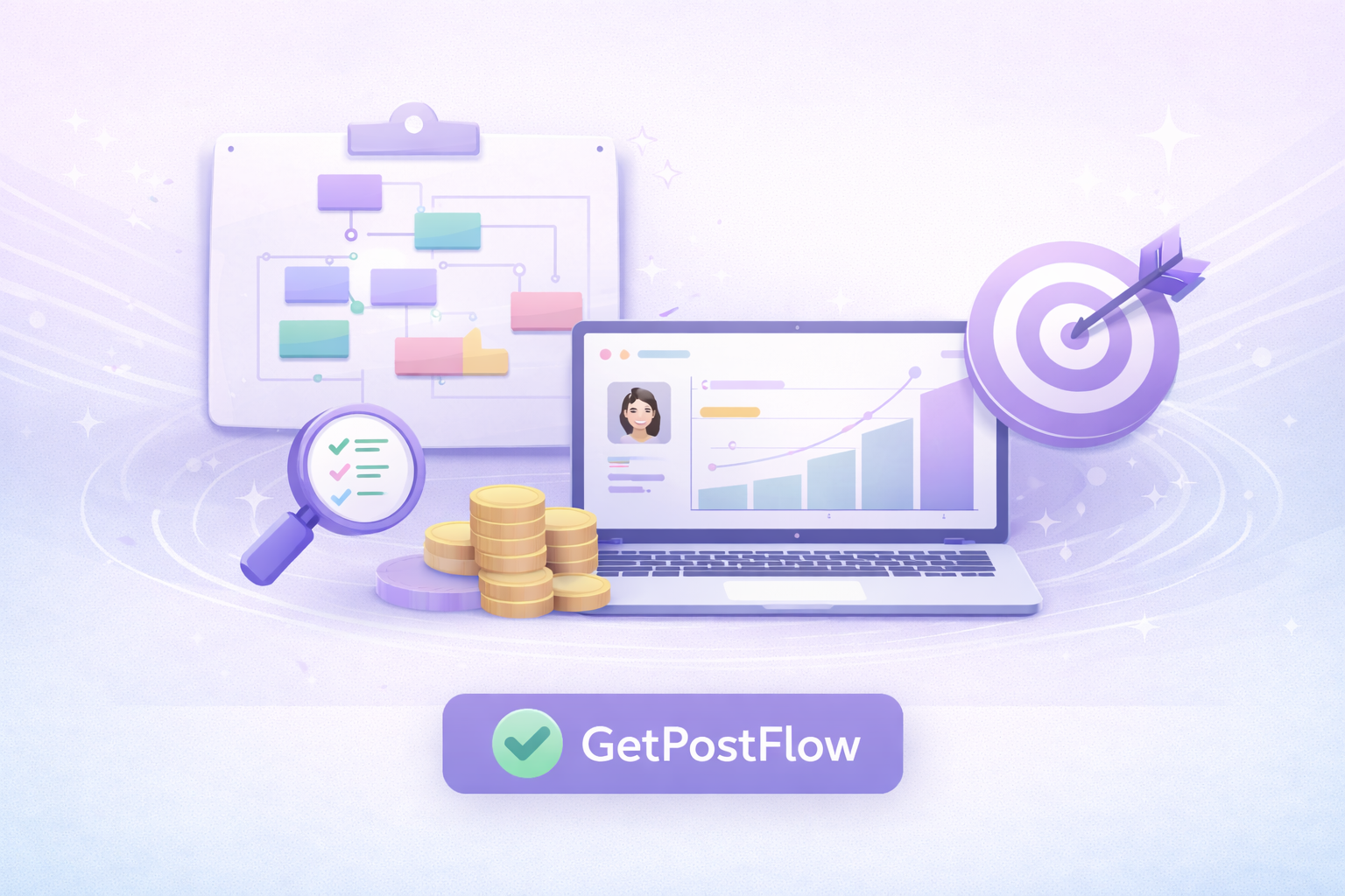 Illustration of a laptop showing a growing bar chart, a clipboard with a flowchart, stacked coins, a magnifying glass with a checklist, and a target with an arrow hitting the center.