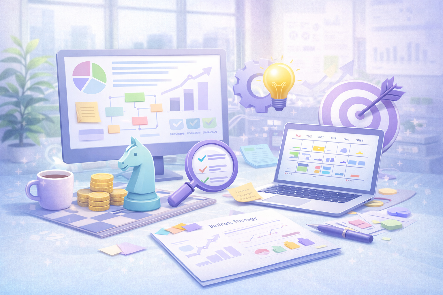 Workspace with computer screens showing graphs and calendars, chess knight piece, magnifying glass over checklist, stacked coins, light bulb, target with an arrow, and business strategy documents.