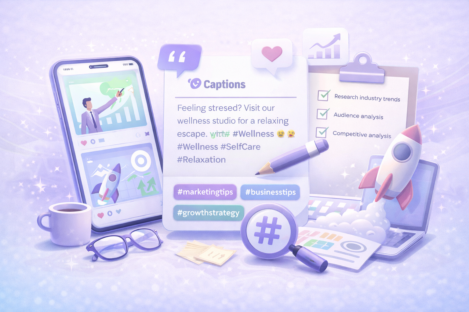 Illustration of a smartphone and laptop displaying graphs and rocket icons, a clipboard with checklist items, a large note with social media caption text about wellness and hashtags, alongside a coffee cup, glasses, pencil, and magnifying glass with hashtag symbol.