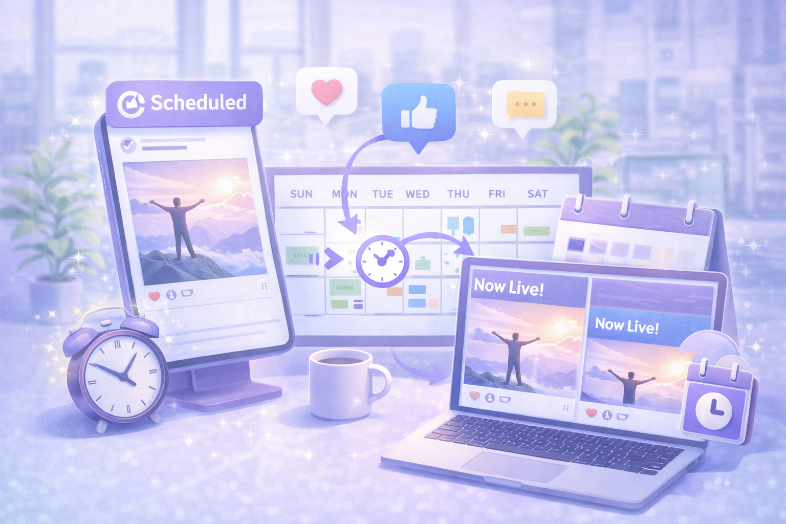Workspace with a desktop monitor, laptop showing scheduled social media posts, a clock, coffee cup, and calendar icons representing social media scheduling and posting.