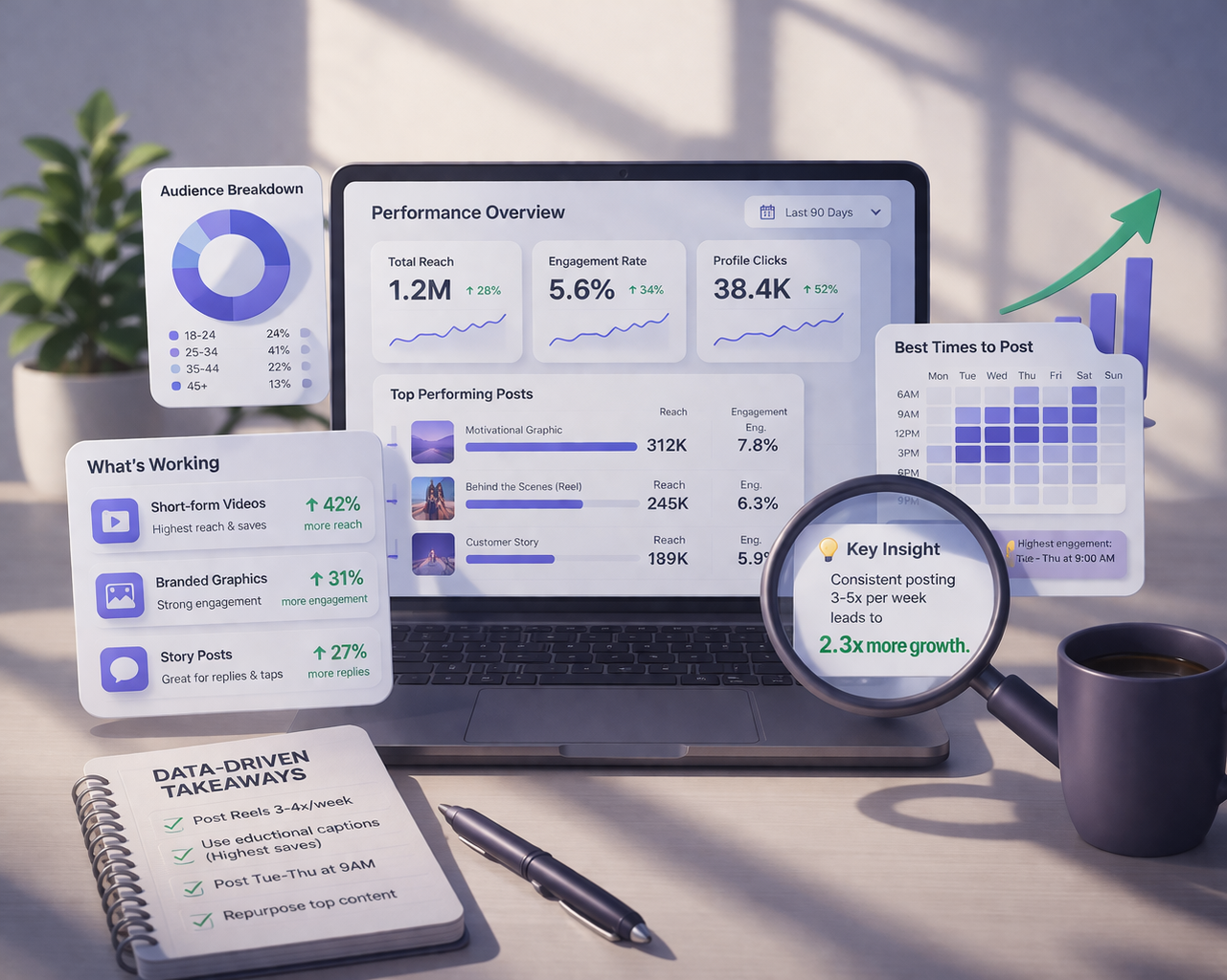 Laptop screen showing social media performance data with total reach 1.2M, engagement rate 5.6%, profile clicks 38.4K, audience breakdown chart, best posting times calendar, and key insight magnified stating consistent posting 3-5x weekly leads to 2.3x more growth, next to a notebook listing data-driven takeaways and a coffee cup.