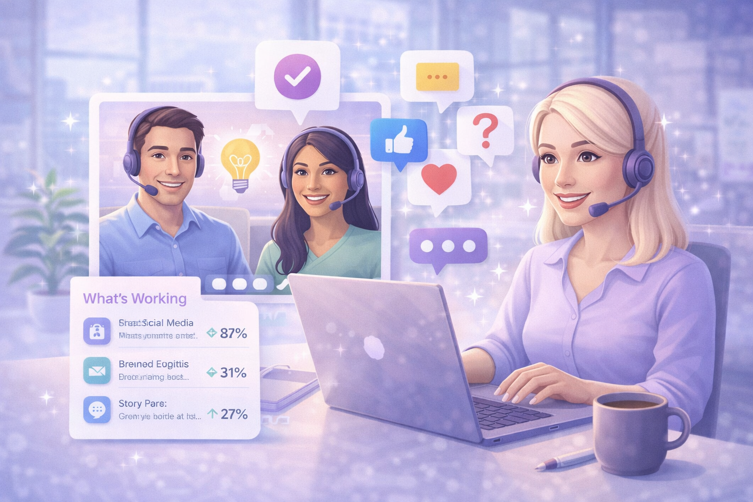 Smiling woman with headset working on a laptop, video chatting with a man and woman, surrounded by social media and messaging icons.