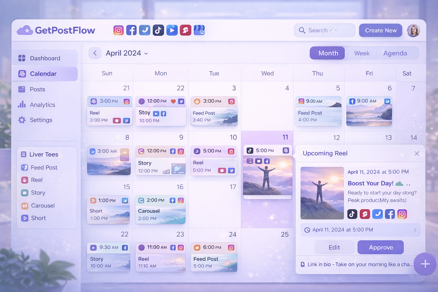April 2024 calendar interface from GetPostFlow showing scheduled social media posts with various types like story, reel, feed post, and carousel alongside their times and platforms.